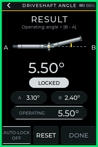 Driveshaft angle result screen, 5.5 degrees operating angle
